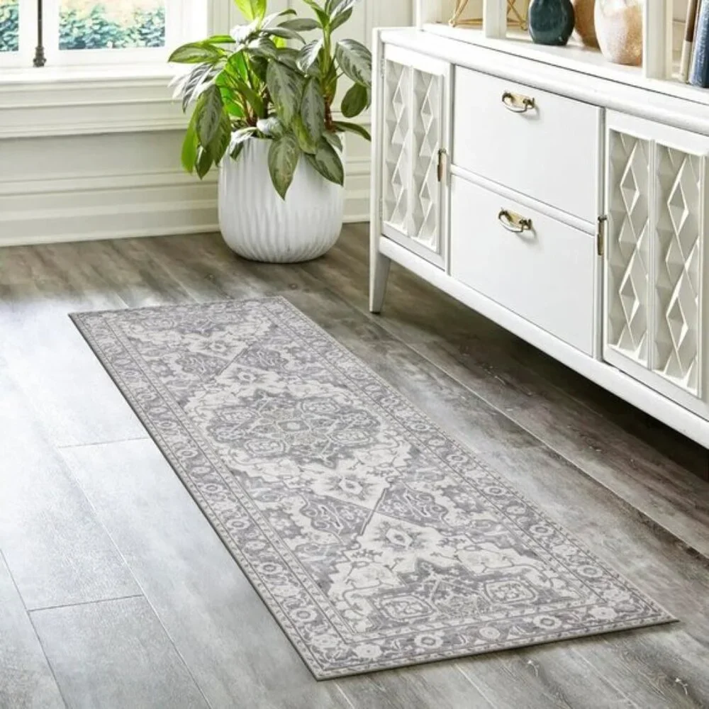New 2x6ft Washable Runner Rug, Non-Slip Stain Resistant Soft Vintage Grey Mat